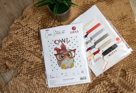 Luca-S Owl with Glasses Cross Stitch Kit, Aida Fabric, Threads, Needle Pattern