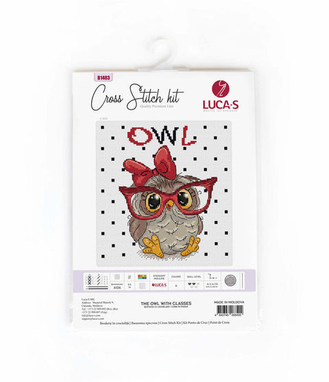 Luca-S Owl with Glasses Cross Stitch Kit, Aida Fabric, Threads, Needle Pattern