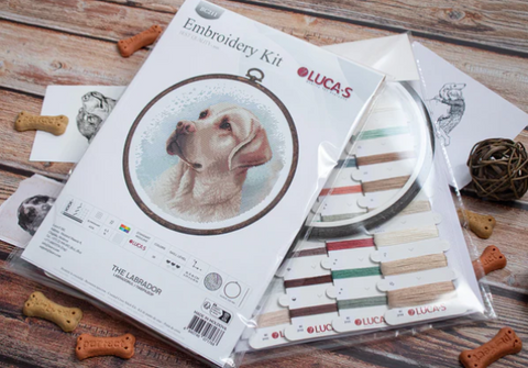Luca-S Labrador Cross Stitch Kit with Hoop, Aida Fabric, 16x16 cm