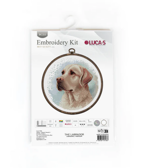 Luca-S Labrador Cross Stitch Kit with Hoop, Aida Fabric, 16x16 cm