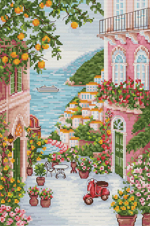 Luca-S Positano Italy Cross Stitch Kit 17.5x26cm, 32 Colors, Zweigart Aida 16