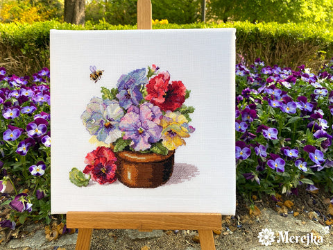 Cross Stitch Kit with Spring Pansy Design, Merejka, Cotton Aida Fabric, Threads, Needle and Instructions