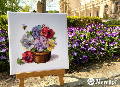 Cross Stitch Kit with Spring Pansy Design, Merejka, Cotton Aida Fabric, Threads, Needle and Instructions