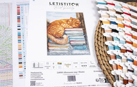 Afternoon Nap Cross Stitch Embroidery Kit, LetiStitch, 18 x 24 cm, Zweigart Aida 16ct, Anchor Cotton Threads