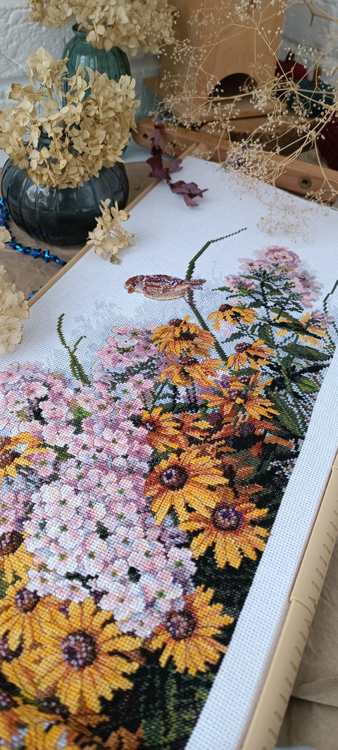 Rudbeckia and Phlox Floral Wall Decor, Botanical Design, Merejka, Yellow Pink Green Nature-Themed Home Accent