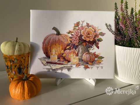 Cross Stitch Embroidery Kit with Pumpkin Still Life, 19x24 cm, Merejka Counted Cross Stitch Kit with Cotton Threads