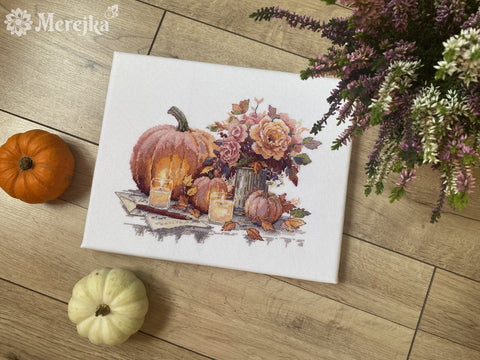 Cross Stitch Embroidery Kit with Pumpkin Still Life, 19x24 cm, Merejka Counted Cross Stitch Kit with Cotton Threads
