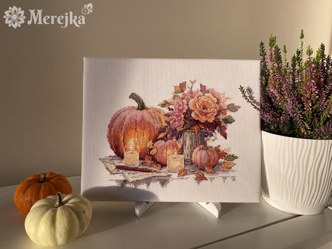 Cross Stitch Embroidery Kit with Pumpkin Still Life, 19x24 cm, Merejka Counted Cross Stitch Kit with Cotton Threads