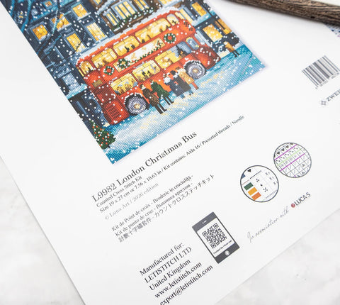 Christmas London Cross Stitch Kit, Cityscape Design, 19 x 27 cm, Letistitch, Zweigart Aida 16 ct, 50 Cotton Thread Colors