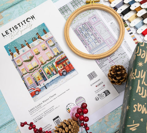 Winter London Cross Stitch Kit, Christmas Cityscape, Letistitch, 19 x 27 cm, Zweigart Aida 16 ct, 48 Colors