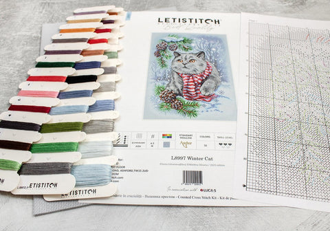Winter Cat Cross Stitch Kit, 19 x 28 cm, LetiStitch, Zweigart Aida 16ct, Anchor Cotton Threads
