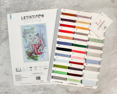 Winter Cat Cross Stitch Kit, 19 x 28 cm, LetiStitch, Zweigart Aida 16ct, Anchor Cotton Threads