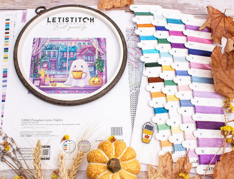 Cross Stitch Kit Pumpkin Spice Latte, Autumn Coffee Design, Letistitch, 20×17 cm, Zweigart Aida 16 ct, 40 Colors