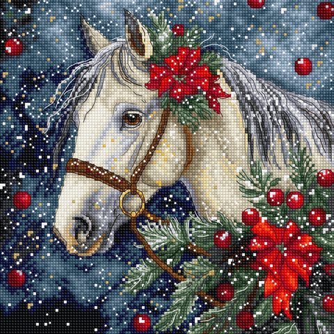 Letistitch Cross Stitch Kit, Winter Horse Design, 20×20 cm, Aida Canvas, Cotton Threads, Needle and Pattern, Beginner Friendly