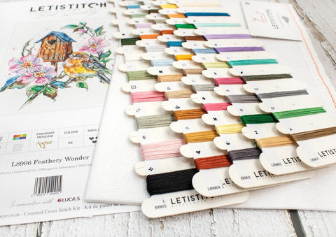 LetiStitch Feathery Wonder Cross Stitch Kit, 20 x 27 cm, Zweigart Aida 16ct, Anchor Cotton Threads, Luca-S Association