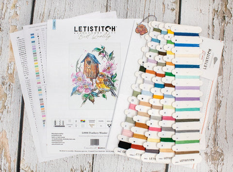 LetiStitch Feathery Wonder Cross Stitch Kit, 20 x 27 cm, Zweigart Aida 16ct, Anchor Cotton Threads, Luca-S Association
