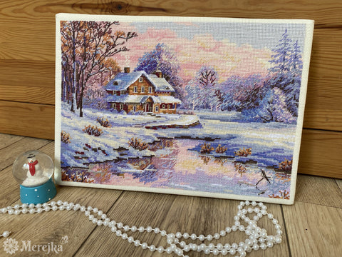 Cross Stitch Kit, First Snow Winter Landscape, Merejka, 20 × 29 cm, Soft Winter Colors, Home Decor Project