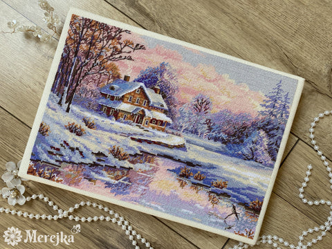 Cross Stitch Kit, First Snow Winter Landscape, Merejka, 20 × 29 cm, Soft Winter Colors, Home Decor Project