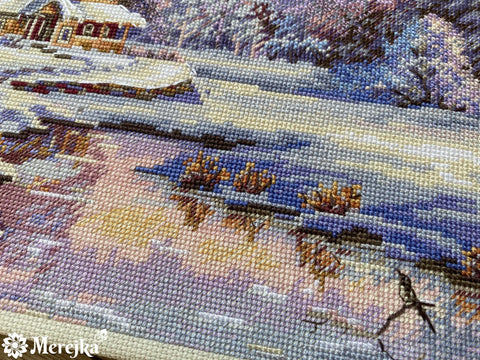 Cross Stitch Kit, First Snow Winter Landscape, Merejka, 20 × 29 cm, Soft Winter Colors, Home Decor Project