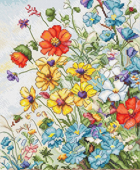 Wildflowers Cross Stitch Kit, LetiStitch Embroidery Set, 21 x 18 cm, Zweigart Aida 16ct, 100% Anchor Cotton Thread