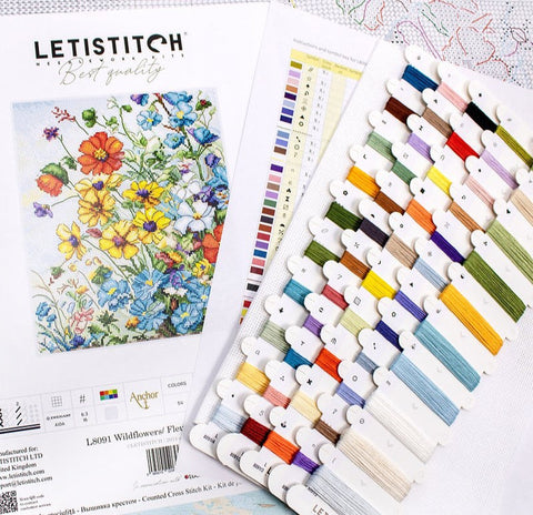 Wildflowers Cross Stitch Kit, LetiStitch Embroidery Set, 21 x 18 cm, Zweigart Aida 16ct, 100% Anchor Cotton Thread