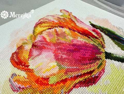 Cross Stitch Kit Parrot Tulip, 21×21 cm Finished Size, Multicolor Floral Embroidery by Merejka