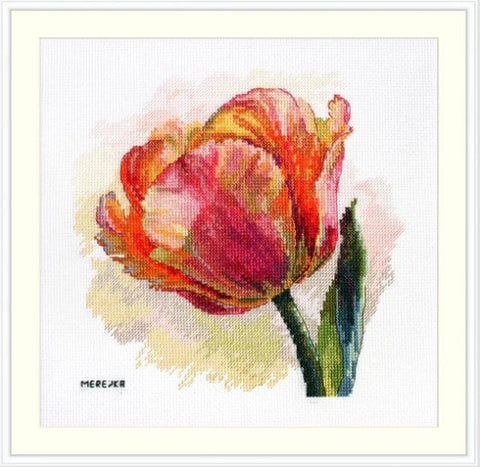 Cross Stitch Kit Parrot Tulip, 21×21 cm Finished Size, Multicolor Floral Embroidery by Merejka