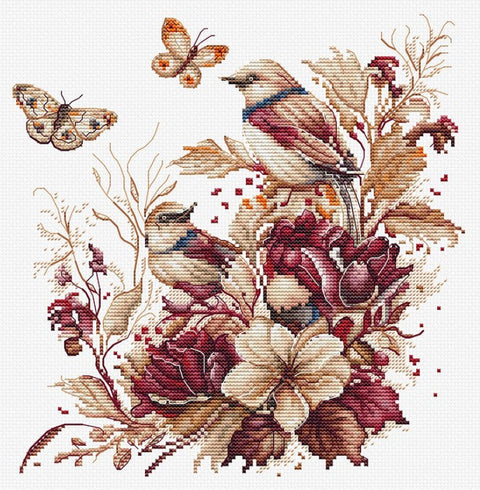 Luca-S Autumn Birds Cross Stitch Kit 21x21cm Aida Fabric Threads Needle Pattern