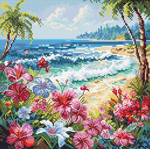 LetiStitch Paradise Cross Stitch Kit, 21 x 21 cm, Zweigart Aida 16ct, 100% Anchor Cotton Threads, 3-Star Skill Level