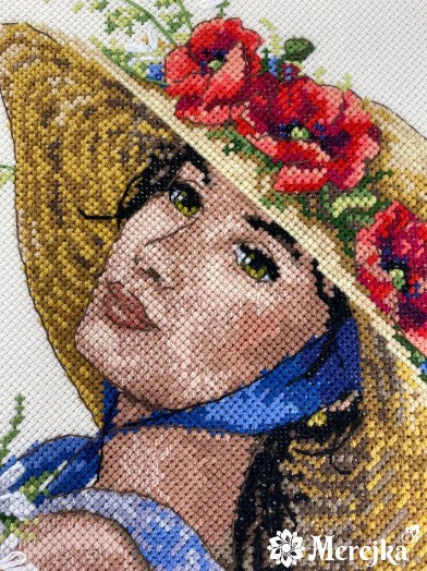 Cross Stitch Kit Flower Hat Floral Design, Merejka Aida Fabric, Cotton Threads, 21 × 25 cm, Intermediate Embroidery Project