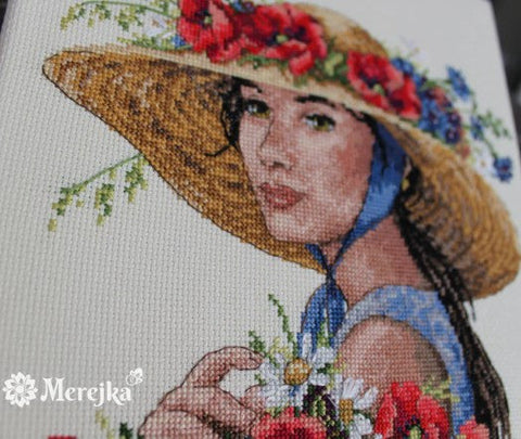 Cross Stitch Kit Flower Hat Floral Design, Merejka Aida Fabric, Cotton Threads, 21 × 25 cm, Intermediate Embroidery Project