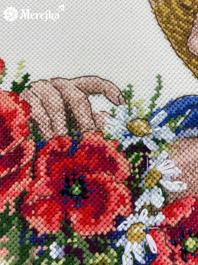 Cross Stitch Kit Flower Hat Floral Design, Merejka Aida Fabric, Cotton Threads, 21 × 25 cm, Intermediate Embroidery Project