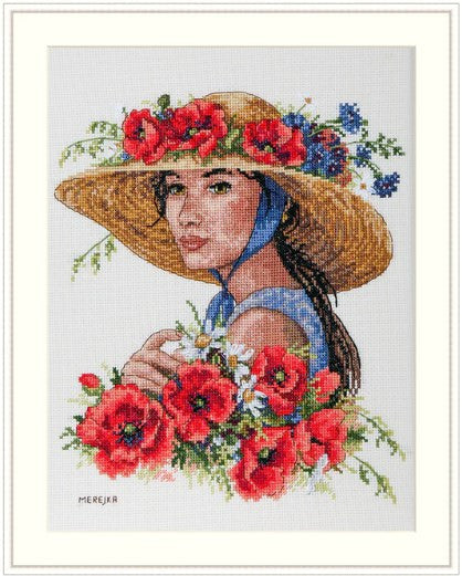 Cross Stitch Kit Flower Hat Floral Design, Merejka Aida Fabric, Cotton Threads, 21 × 25 cm, Intermediate Embroidery Project