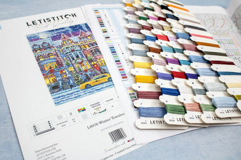 LetiStitch Winter Townhouse Cross Stitch Kit, 21 x 30 cm, Zweigart Aida 16ct, Anchor Cotton Threads, Metallic Threads