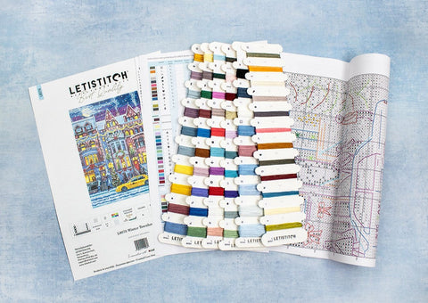 LetiStitch Winter Townhouse Cross Stitch Kit, 21 x 30 cm, Zweigart Aida 16ct, Anchor Cotton Threads, Metallic Threads