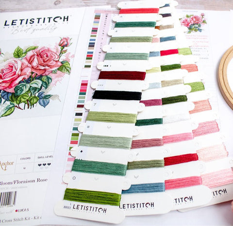 Pink Bloom Cross Stitch Kit, LetiStitch, 22 x 23 cm, Zweigart Aida 16ct, 100% Anchor Cotton Threads, Intermediate Level