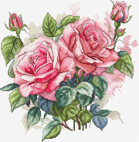 Pink Bloom Cross Stitch Kit, LetiStitch, 22 x 23 cm, Zweigart Aida 16ct, 100% Anchor Cotton Threads, Intermediate Level