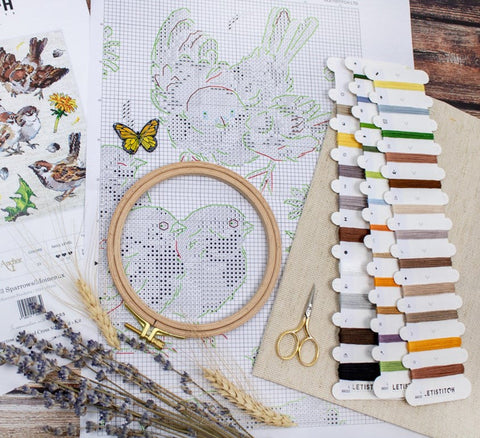 Sparrows Cross Stitch Kit 23x22 cm, LetiStitch, Zweigart Aida 16ct, 100% Anchor Cotton Threads, Black Symbol Chart