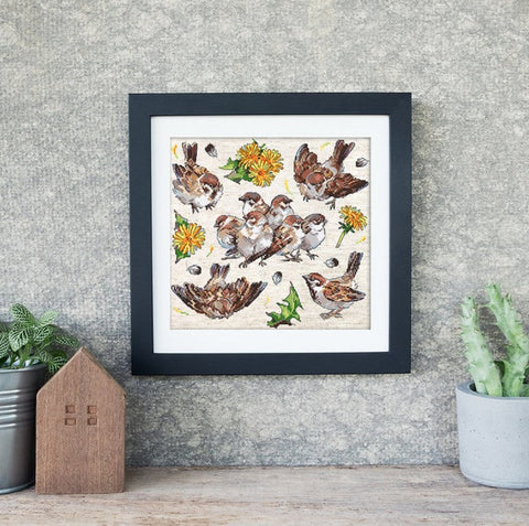 Sparrows Cross Stitch Kit 23x22 cm, LetiStitch, Zweigart Aida 16ct, 100% Anchor Cotton Threads, Black Symbol Chart