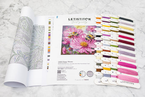 Cross Stitch Embroidery Kit with Floral Honey Motif, Letistitch, 23 x 23 cm, Aida Fabric and Cotton Threads