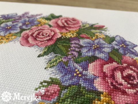 Cross Stitch Kit Rose Wreath, Aida Fabric, Cotton Threads, Needle and Color Chart by Merejka, Floral Embroidery Project
