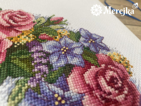 Cross Stitch Kit Rose Wreath, Aida Fabric, Cotton Threads, Needle and Color Chart by Merejka, Floral Embroidery Project