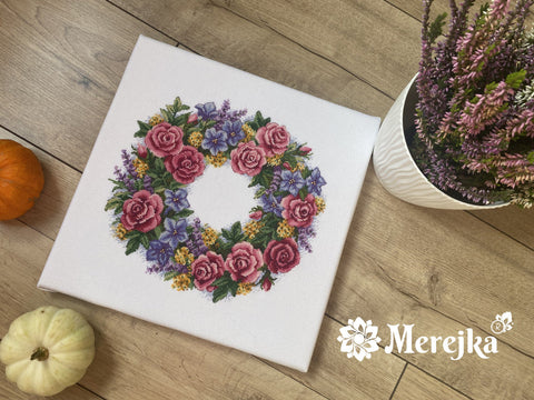 Cross Stitch Kit Rose Wreath, Aida Fabric, Cotton Threads, Needle and Color Chart by Merejka, Floral Embroidery Project