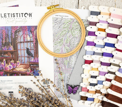 Cross Stitch Kit with Crow and Library Design, 23 x 29 cm, Letistitch, Zweigart Aida 16 ct, 54 Cotton Thread Colors, Blue Gray Canvas