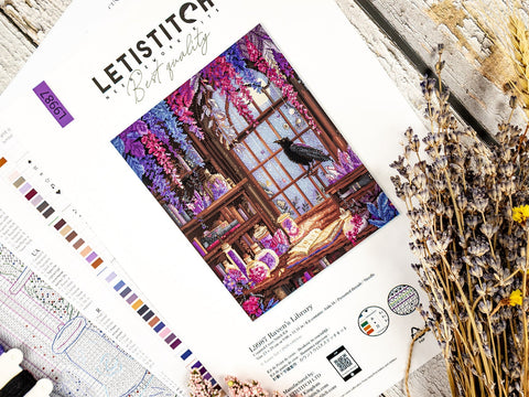 Cross Stitch Kit with Crow and Library Design, 23 x 29 cm, Letistitch, Zweigart Aida 16 ct, 54 Cotton Thread Colors, Blue Gray Canvas