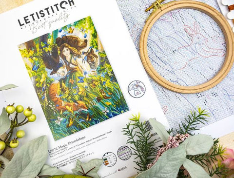 Cross Stitch Kit Magical Friendship, Letistitch 23x30 cm, Zweigart Aida 16 ct, 56-Color Cotton Threads, Nature and People Design