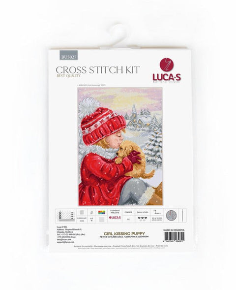 Luca-S Counted Cross Stitch Kit Girl Kissing Puppy 23x32cm, Fabric Floss Needle Pattern