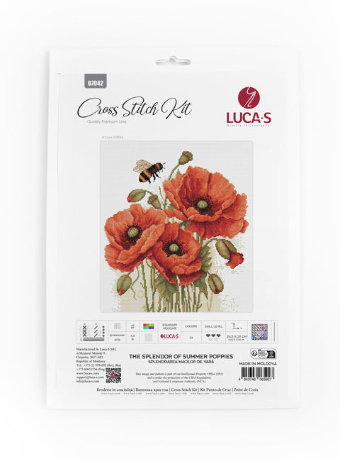 Luca-S Summer Poppies Counted Cross Stitch Kit 24.5x27cm, Fabric Floss Needle Chart