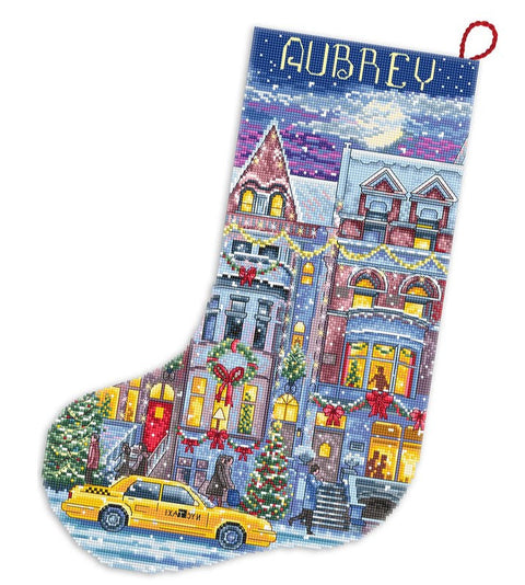 Counted Cross Stitch Stocking Kit, Winter Townhouse Design, LetiStitch, 24.5 x 37 cm, Aida 14ct, Red Felt Backing, Metallic Threads
