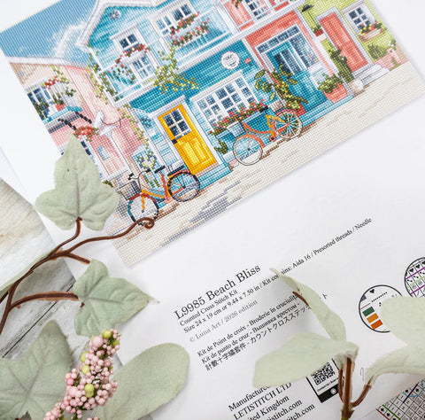 Cross Stitch Kit, Coastal Cityscape Design, 24 x 19 cm, Zweigart Aida 16 ct, 48 Cotton Thread Colors, Letistitch
